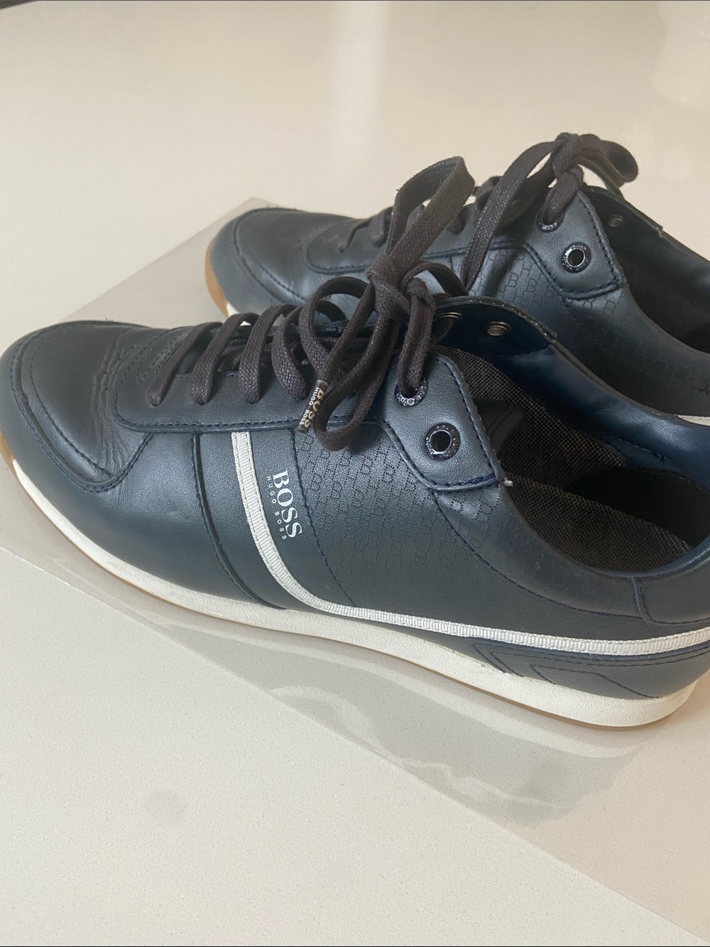 BOSS Men's Navy Leather Lace-Up Sneakers with White Trim